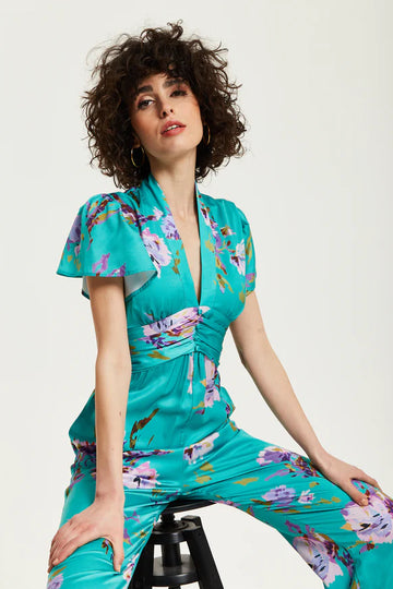 Green Floral Jumpsuit With Short Sleeves Liquorish
